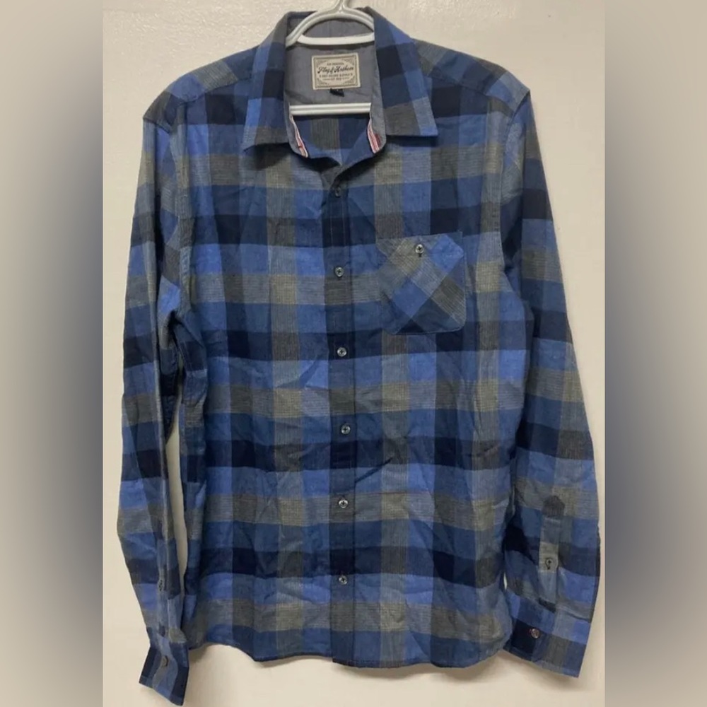New! Flag & Anthem Mens Button Up Shirt Flannel Plaid Medium M Blue Grey Black